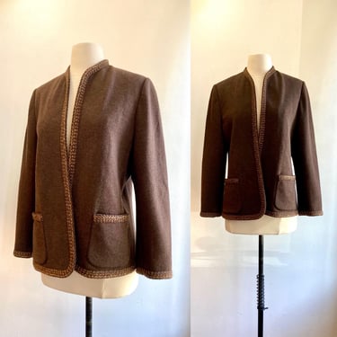 Vintage 60s CARDIGAN SWEATER / Wool Lady Jacket + Braided Wool Trim / Patch POCKETS / Fully Lined / Cele Peterson 