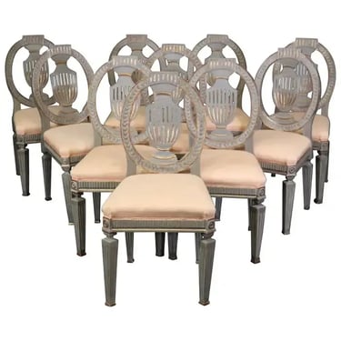 Set 10 Genuine Swedish Gustavian Gilded Gray Paint Decorated Dining Chairs