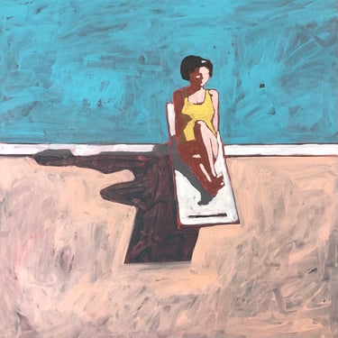 Woman on Diving Board #6 - Original Acrylic Painting on Deep Edge Canvas 20 x 20, outside, summer, michael van, square, water, retro, sunlit 
