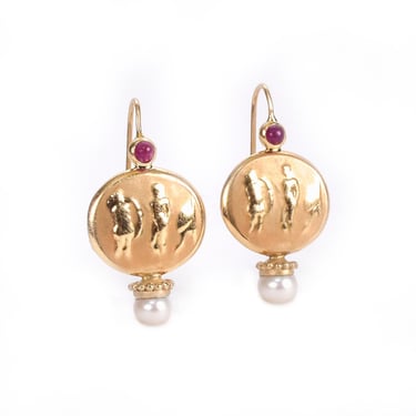 Vintage Etruscan Style 14K Gold Drop Earrings with Ruby, Pearl, and Dancing Children, Roman Style Gold Earrings with Children Motif, 35 mm 