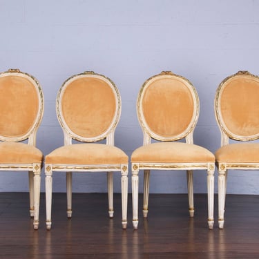 Antique French Louis XVI Style Painted Dining Chairs W/ Ochre Velvet - Set of 4 