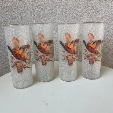 Vintage MCM West Virginia Tall Tumbler Glasses textured pebbles Pheasant birds Set 4 