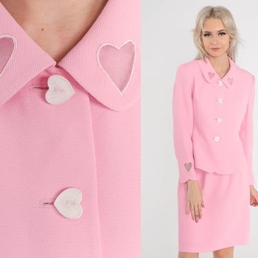 90s Two Piece Set Pink Jacket and Skirt Dress Suit Heart Button Blazer Mini Pencil Skirt Outfit Pastel Sheer Cutout Vintage 1990s Small S 