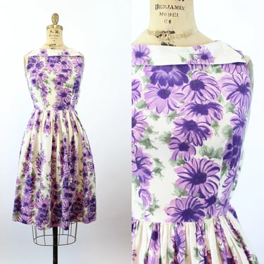 1950s PURPLE floral COTTON print dress xs | new summer 