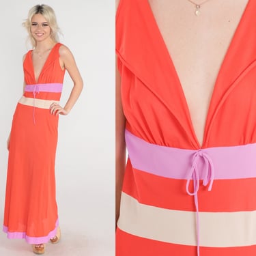 Orange Nightgown Dress 70s Bright Nylon Deep V Neck Nightgown Maxi Slip Lingerie Striped Vintage 1970s Lavender Empire Waist Small Medium 