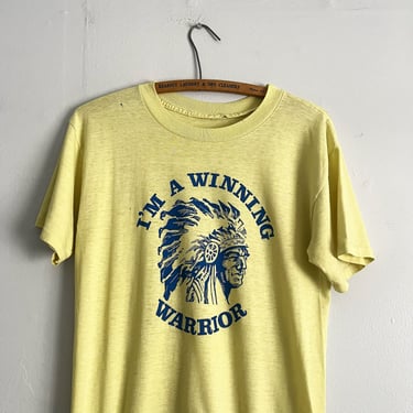 Vintage 70s 80s Warriors Native American Chief Shirt Soft Thin Pale Yellow T Shirt Size M to L 