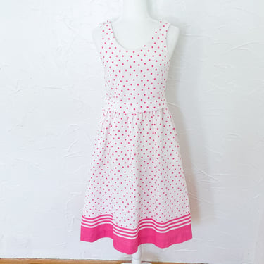 60s/70s White and Pink Polka Dot Waffle Cotton Sun Dress with Button Shoulders | Small 