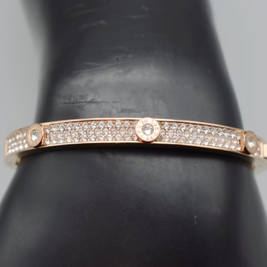 90's Henri Bendel 18k rose gold plate rhinestone rivets clasp bangle, edgy geometric Bendel NY oval bling bracelet 