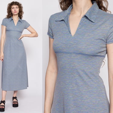 90s Express Space Dye Maxi Dress - Extra Small | Vintage Blue Collared Short Sleeve Polo Dress 