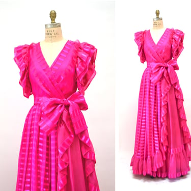 70s 80s Vintage Fuchsia Pink Silk Ball Gown Dress Small Medium Silk Ruffle Long Gown Bright Pink Ruffle Dress Silk Barbie Southern Bell 