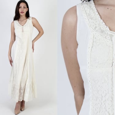 Off White Lace Up Corset Maxi Dress / Vintage Renaissance Faire Style Clothing / 70s Prairie Sheer Lace Bridal Long Gown 