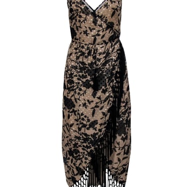 House of Harlow - Beige &amp; Black Vintage Floral Print Wrap Dress w/ Fringe Trim Sz S