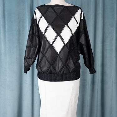 WOW Vintage 70s Black and White Genuine Leather Woven Patchwork Boatneck Top with Dolman Sleeves in Perfect Condition 