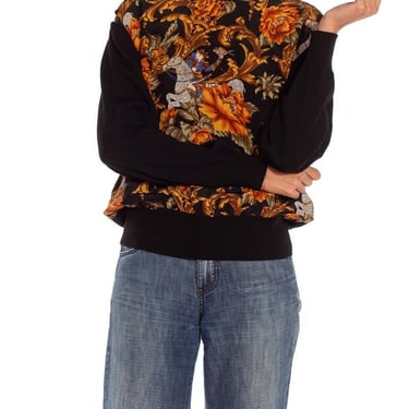 1990S Salvatore Ferragamo Black  Gold Silk Knit Baroque Printed Sweater 