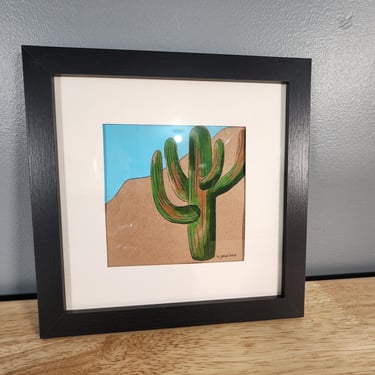 Desert Scene Painting Acrylic on Craft Paper Framed Original Art by L Jones 9.25"x 9.25" 