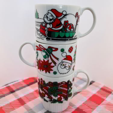 Set of 3 Vintage 1970's Trimont Ware Christmas Holiday Motif Stacking Mugs Made in Japan Excellent Condition 