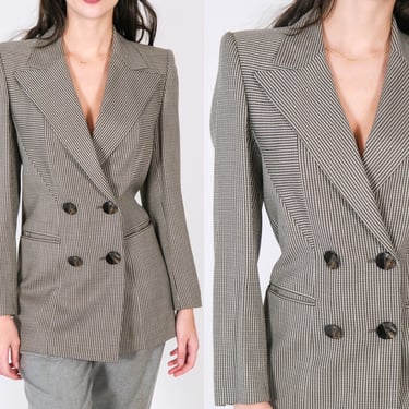 Vintage 90s ESCADA Olive Herringbone Striped Double Breasted Blazer w/ Large Wood Buttons | Made in Germany | 1990s Designer Power Jacket 