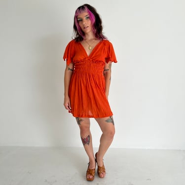 60s/70s Orange Mini Cotton Flutter Sleeve Dress
