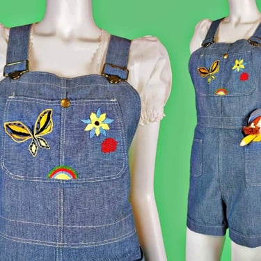 Turtle Bax overalls! 1970s vintage short-alls, romper, playsuit. Embroidered bib. Butterfly, rainbow, flowers. Like new. (Size M/L) 