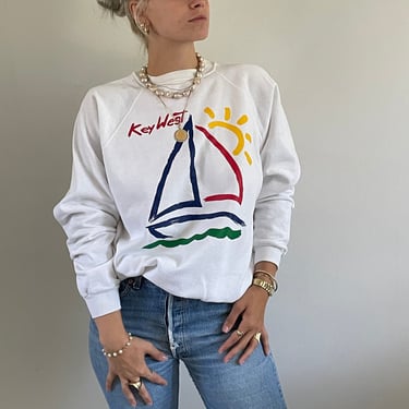 80s sweatshirt sweater / vintage white cotton crewneck souvenir paintbrush graphic Key West sailboat raglan sweatshirt sweater | Medium 