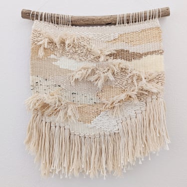 Wall Weaving - Neutral Cream, Off-White, Beige Woven Tapestry - Handwoven Weave - Raffia - Boho Beach Nursery - Monochrome, Calm Fiber Art D 