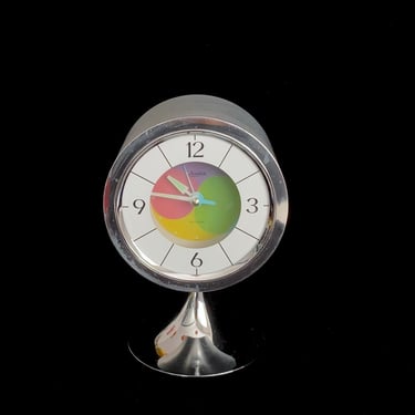 Vintage Space Age Modern 1970s Linden Alarm Clock with Saarinen Tulip Base Colorful Amoeba Rotary Dial w/ Optic Design JAPAN 
