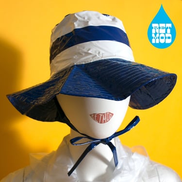 NWOT Incredible Mod Vintage 60s 70s Dark Blue & White Stripe Rain Brim Hat with Chin Strap 