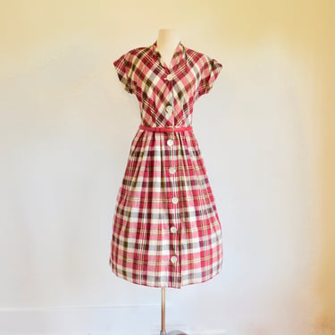 Vintage 1950's Red White and Navy Blue Cotton Plaid Day Dress Shirtwaist Style Pleated Skirt Rockabilly Swing Spring Summer 28" Waist Medium 