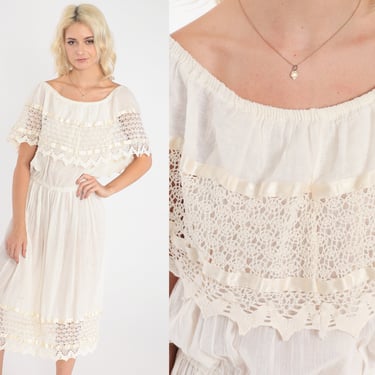 Cotton Gauze Dress 90s Crochet Trim Midi Dress Off Shoulder Boho Peasant Cottagecore Hippie Sundress Summer Vintage 1990s Small Medium Large 