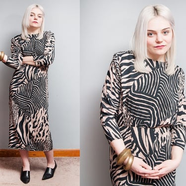 Vintage 1980's | Tiger Print | Midi | Animal Print | Dolman Sleeve | Dress | S 