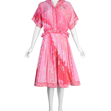 Emilio Pucci Vintage 1960s Pink Psychedelic Archer Novelty Print Cotton Top Skirt Ensemble
