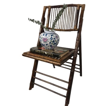 Vintage Tortoise Bamboo Chair | Chinoiserie Collapsible Accent Chair | Guest Room/Desk/Occasional Seating 