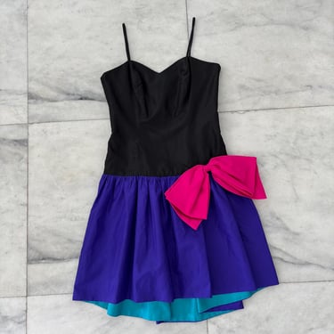 Vintage 80s Prom Dress Bridesmaid Sleeveless Colorblock Drop Waist Bow Short 12 