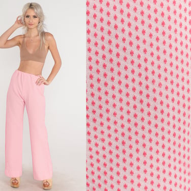 Bell Bottom Pants 70s Pink Polka Dot Print Trousers High Waisted Flare Pants Boho Hippie Flared Bohemian Festival Vintage 1970s Small 