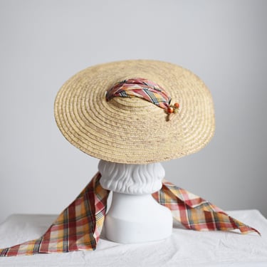 40s/50s Straw Sunhat with Plaid Strap 