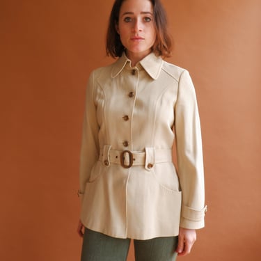 Vintage 60s Mod Belted Jacket/ 1960s Beige Jacket with Dagger Collar/ Size Small 