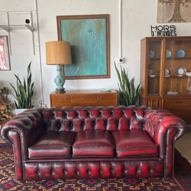 Vintage Tufted Oxblood Leather Chesterfield Sofa