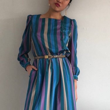80s silk shirt dress / vintage Saks Fifth Ave striped silk crepe puff sleeve square neck button front shirt dress | Medium 