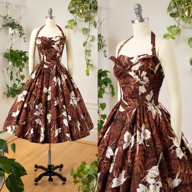 Vintage 1950s Sundress | 50s ALFRED SHAHEEN Floral Print Cotton Metallic Gold Brown Halter Circle Skirt Hawaiian Tiki Dress (x-small/small) 