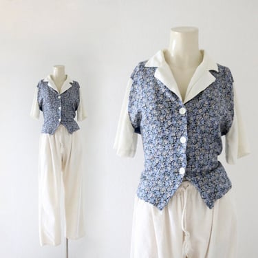 cropped tie back top - m - vintage 90s y2k blue cottage cottagecore floral button short sleeve crop size medium shirt blouse 