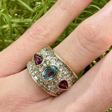 Stunning Aqua Blue and Purple Pave Crystal Gold Cocktail Ring Size 6