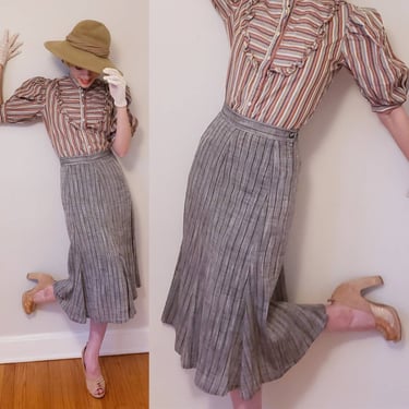 90s Gray Black Striped Midi Skirt by Isetan / 90s Does 30s Skirt High Waisted Fishtail Cotton Linen / S 