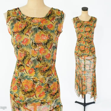 1930s Yellow & Orange Print Silk Dress | 30s Yellow Sheer Chiffon Floral Dress | Extra Small 