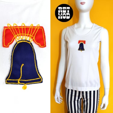 Vintage 60s 70s White Tank with Americana Bell Appliqué 
