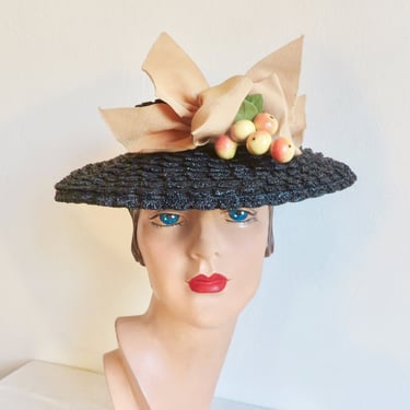1940's Black Straw Brimmed Tilt Hat Peach Ribbon Bow and Fruit Trim Head Holder Rockabilly 40's Spring Summer Millinery Modernette 