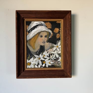 70's Vintage  Woman With Flowers  Still Life Mixed  Media Oil Painting, Framed 