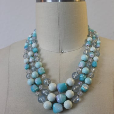 Vintage Aqua Blue silver gold Plastic Bead Necklace 3 strand Triple Necklace / Japan 