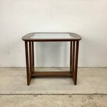 Mid-Century Walnut Side Table With Glass Top 