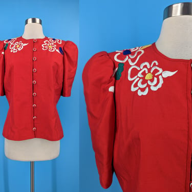 Vintage 80s Anne Crimmins for Umi Collection 12 Red Silk Embroidered Button Front Blouse with Puffy Sleeves 