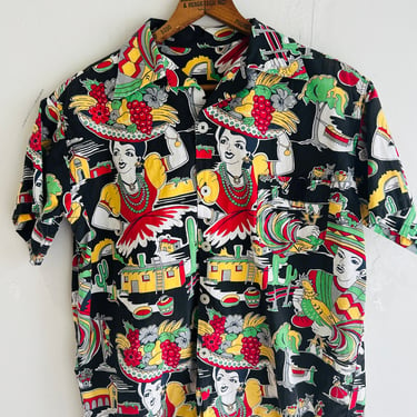 1950s Tropical Bold Print Figural Novelty Short Sleeve Summer Shirt Vintage Menswear 42 